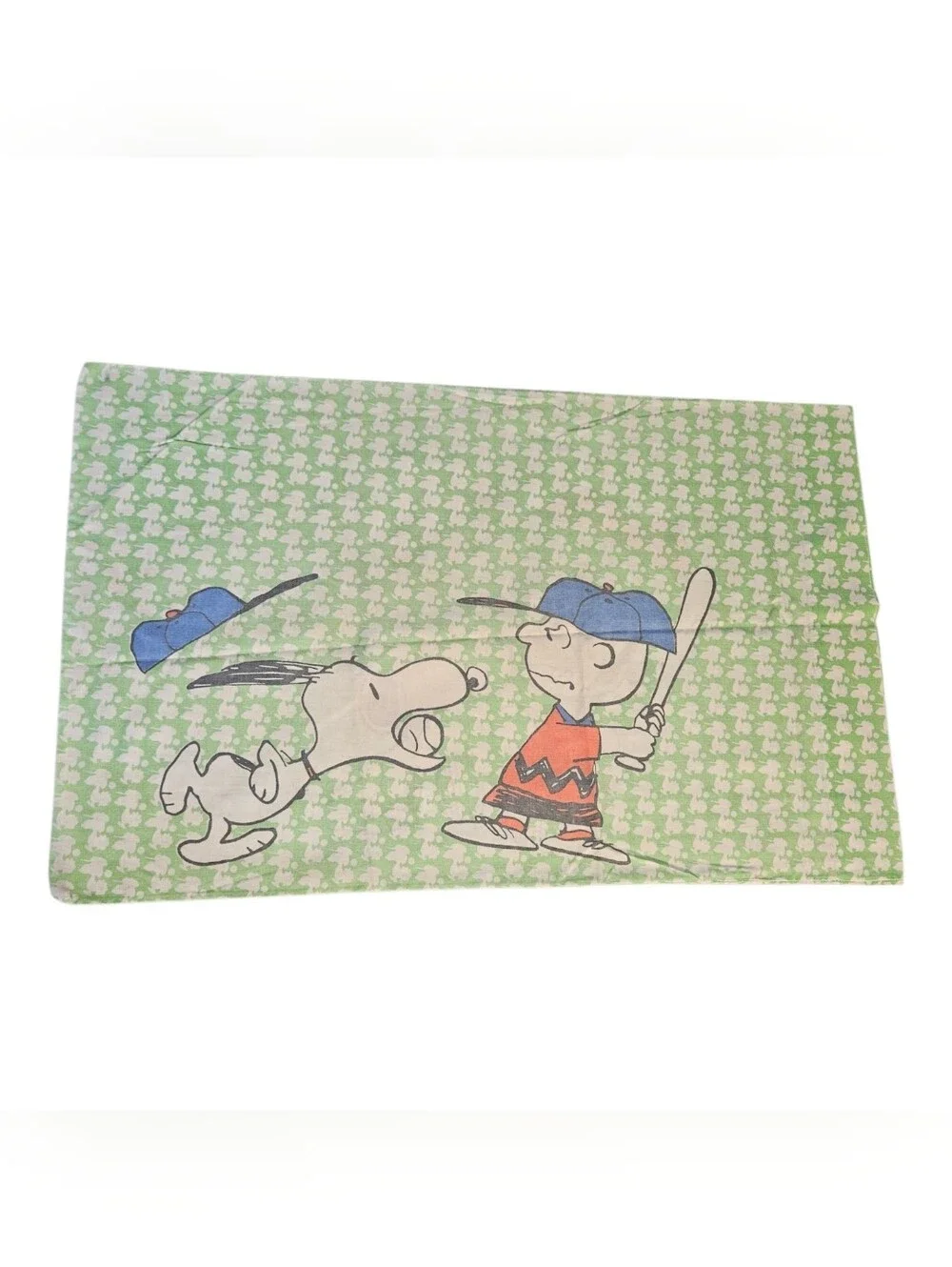 Vintage 1970’s Snoopy Pillowcase Charlie Brown Lucy Peanuts Baseball Green White